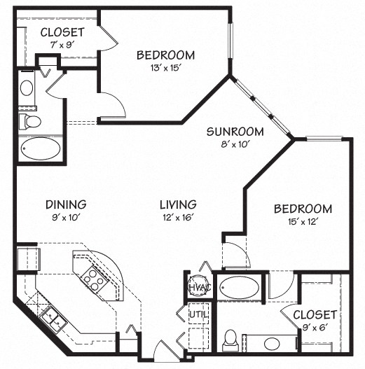 Floor plan for 2 beds, 2 baths, 1299 sqft